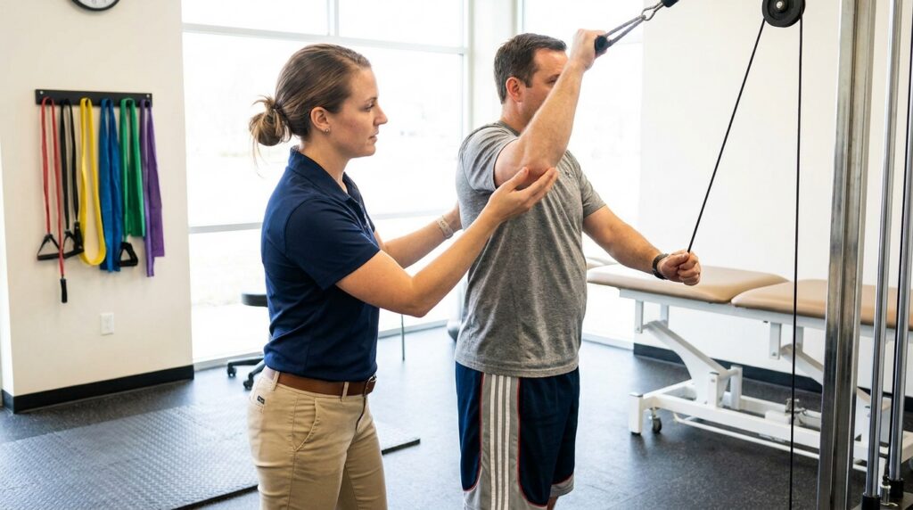 A patient stands in a physical therapy clinic's exercise area, using an overhead pulley system to gently raise their arm, guided by a physical therapist. The therapist, dressed in professional clinical wear, lightly supports the patient's elbow, ensuring proper form during the active-assisted range of motion exercise. Various resistance bands hang from a nearby rack, and an adjustable padded treatment table is visible in the background.