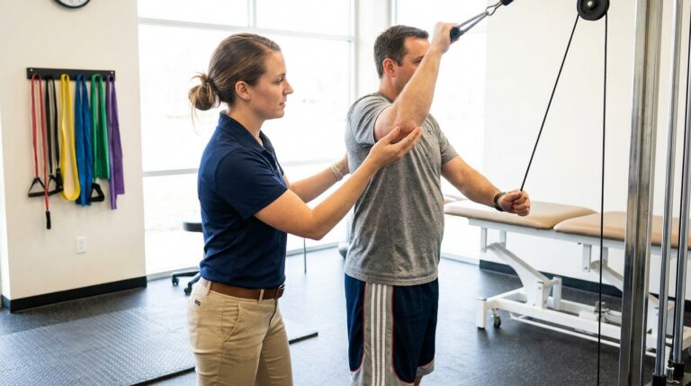 A patient stands in a physical therapy clinic's exercise area, using an overhead pulley system to gently raise their arm, guided by a physical therapist. The therapist, dressed in professional clinical wear, lightly supports the patient's elbow, ensuring proper form during the active-assisted range of motion exercise. Various resistance bands hang from a nearby rack, and an adjustable padded treatment table is visible in the background.