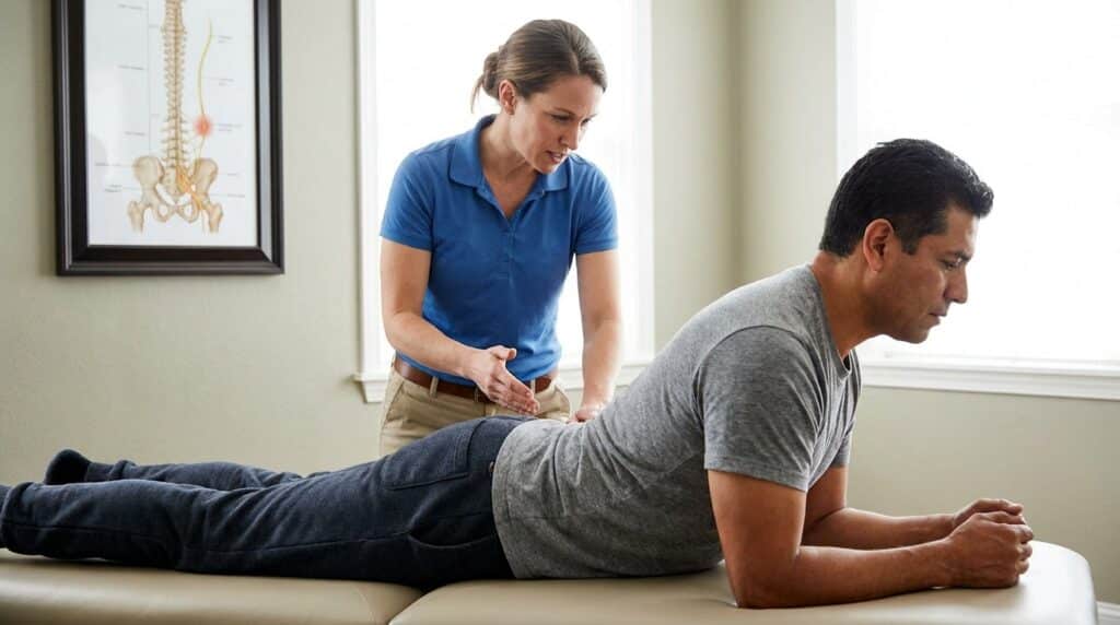 A white or latino patient lies prone on a padded treatment table, gently pressing up onto their elbows in a spinal extension exercise. A white or latino physical therapist, dressed in clinical wear, stands beside them, observing the patient's form and providing guidance. An anatomical poster illustrating the spinal column and sciatic nerve hangs on the wall in the background.
