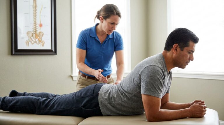 A white or latino patient lies prone on a padded treatment table, gently pressing up onto their elbows in a spinal extension exercise. A white or latino physical therapist, dressed in clinical wear, stands beside them, observing the patient's form and providing guidance. An anatomical poster illustrating the spinal column and sciatic nerve hangs on the wall in the background.