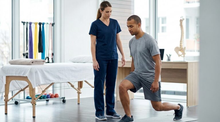 A practitioner in clinical wear observes a patient (white/latino skin tone) performing a controlled lunge in a modern physical therapy clinic. In the background, a padded treatment table with fresh linens is visible, alongside a rack holding various resistance bands and light weights. An anatomical spine model sits on a nearby desk, emphasizing the focus on musculoskeletal health.
