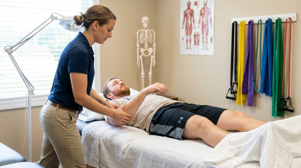 A physical therapist in professional clinical wear gently manipulates a white or latino patient's shoulder as the patient lies on a padded treatment table with fresh linens. In the background, an adjustable exam lamp and a wall-mounted skeletal model are visible. Resistance bands hang neatly on a nearby rack, ready for therapeutic exercises.