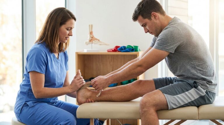 A white or latino physical therapist in clinical attire gently guides a white or latino patient's foot as they perform the 