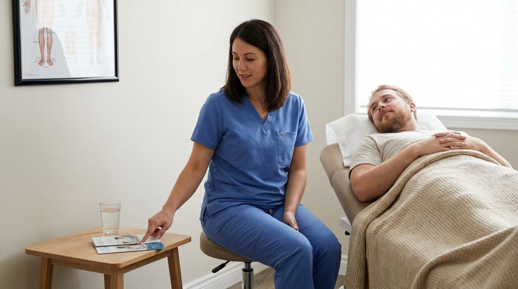 A practitioner in clinical wear sits beside a padded treatment table where a patient is comfortably reclined, covered with a soft blanket. On a small side table, a glass of water and a pamphlet clearly titled 'Post-Acupuncture Care' are visible. On a wall nearby, an anatomical chart highlighting acupuncture points is visible. The practitioner gently gestures towards the pamphlet, providing guidance for the patient's recovery.