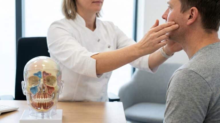 A practitioner in a clean clinical uniform gently applies pressure with their fingers to a patient's cheekbone, demonstrating an acupressure point. They are in a modern consultation room, with a detailed anatomical model of a human head on a desk nearby. The model clearly highlights the maxillary sinus cavities and the roots of the upper teeth, visually linking the two areas.