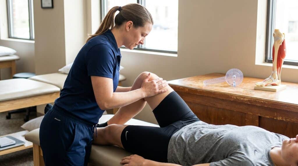 An athlete lies on a padded treatment table in a physical therapy clinic, dressed in athletic wear. A physical therapist, in clinical athletic wear, gently assesses the athlete's knee, moving their leg to check its range of motion. An anatomical model of a leg and a goniometer are visible on a nearby counter or shelf, reinforcing the clinical setting.
