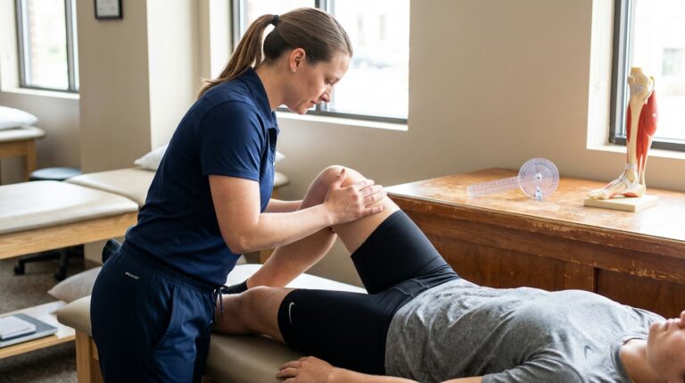 An athlete lies on a padded treatment table in a physical therapy clinic, dressed in athletic wear. A physical therapist, in clinical athletic wear, gently assesses the athlete's knee, moving their leg to check its range of motion. An anatomical model of a leg and a goniometer are visible on a nearby counter or shelf, reinforcing the clinical setting.