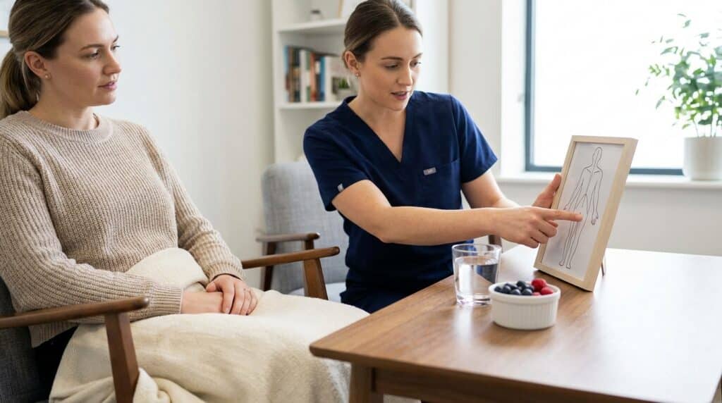 A patient with light skin tone sits comfortably in a modern acupuncture clinic's consultation room. A practitioner in clinical wear gestures towards a simple diagram illustrating energy pathways on a nearby table. A glass of warm water and a small bowl of berries are ready for the patient, with a soft blanket draped over the chair.