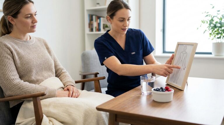 A patient with light skin tone sits comfortably in a modern acupuncture clinic's consultation room. A practitioner in clinical wear gestures towards a simple diagram illustrating energy pathways on a nearby table. A glass of warm water and a small bowl of berries are ready for the patient, with a soft blanket draped over the chair.