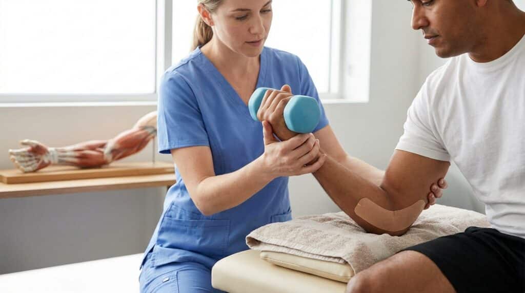 A practitioner in clinical wear guides a patient performing a wrist extension exercise with a light dumbbell. The patient sits on a padded treatment table, their forearm supported, with kinesiology tape visible on the outside of their elbow. An anatomical model of an arm rests on a shelf in the background.