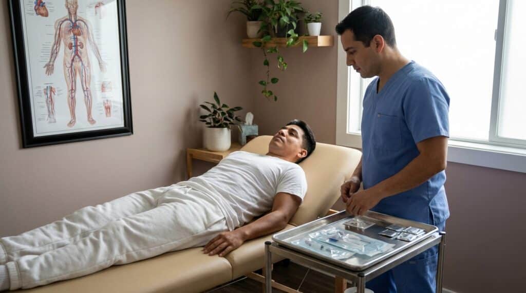 A white or latino patient rests on a padded treatment table in a serene clinical room. A white or latino practitioner in clinical scrubs stands beside a rolling cart, where a tray holds sealed, sterile acupuncture needle packets and alcohol swabs. Prominently displayed on a nearby wall is a detailed anatomical diagram of the human circulatory system, illustrating arteries and veins.