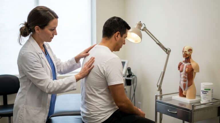 A practitioner in clinical wear gently palpates the upper back and shoulder of a patient seated on a padded treatment table. On a nearby medical cart, an anatomical model of the human torso, highlighting muscle groups, stands next to a container of antiseptic wipes. An adjustable exam lamp is positioned to illuminate the area of focus.