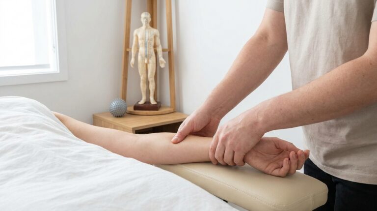 A practitioner gently applies pressure with their thumb to an acupoint on a client's forearm, who has light skin and is comfortably resting on a padded treatment table. In the background, a small display shelf holds an anatomical model of the human body clearly showing meridian lines. A smooth acupressure ball rests on an adjacent side table. The room features clean, minimalist decor.