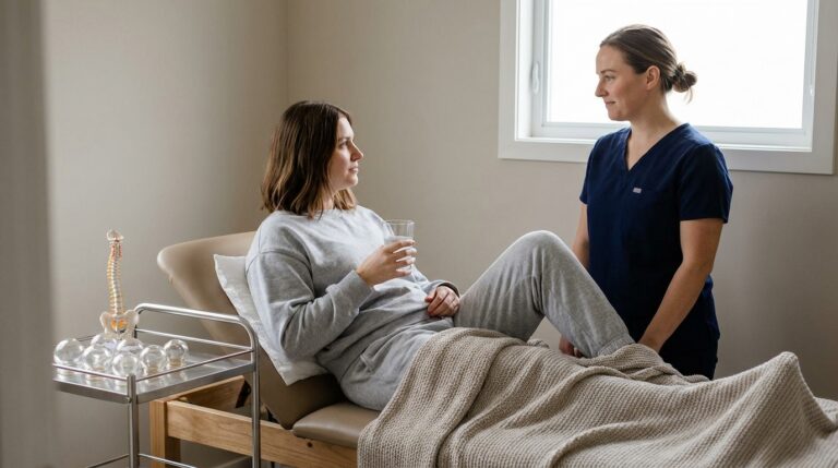 A person in loose, comfortable clothing rests on a padded treatment table, covered by a soft blanket, in a serene clinic room. On a small, adjacent cart, a set of glass cupping cups and a general anatomical model are neatly arranged. A practitioner in clinical scrubs stands nearby, observing the patient who sips from a glass of water, suggesting a post-treatment recovery period.