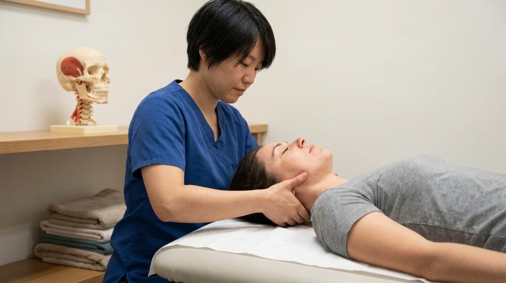 A practitioner in professional clinical wear gently applies sustained pressure to a client's neck and temporalis fascia while the client lies face-up on a padded treatment table. On a nearby shelf, a detailed anatomical model of the human skull and cervical spine clearly highlights the suboccipital muscles, underscoring the session's clinical focus on head pain relief.