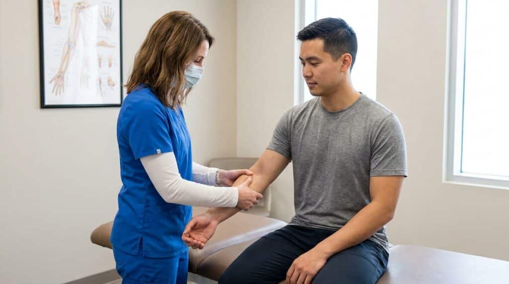 A practitioner in clinical wear gently applies pressure to a patient's wrist, focusing on the inner forearm area. The patient is comfortably seated on a padded treatment table in a clean, modern clinic room. Nearby, an anatomical chart displays various pressure points, emphasizing their location on the body.