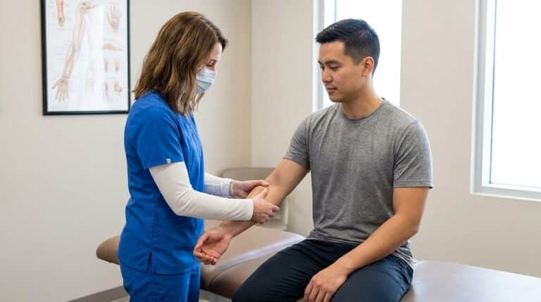 A practitioner in clinical wear gently applies pressure to a patient's wrist, focusing on the inner forearm area. The patient is comfortably seated on a padded treatment table in a clean, modern clinic room. Nearby, an anatomical chart displays various pressure points, emphasizing their location on the body.