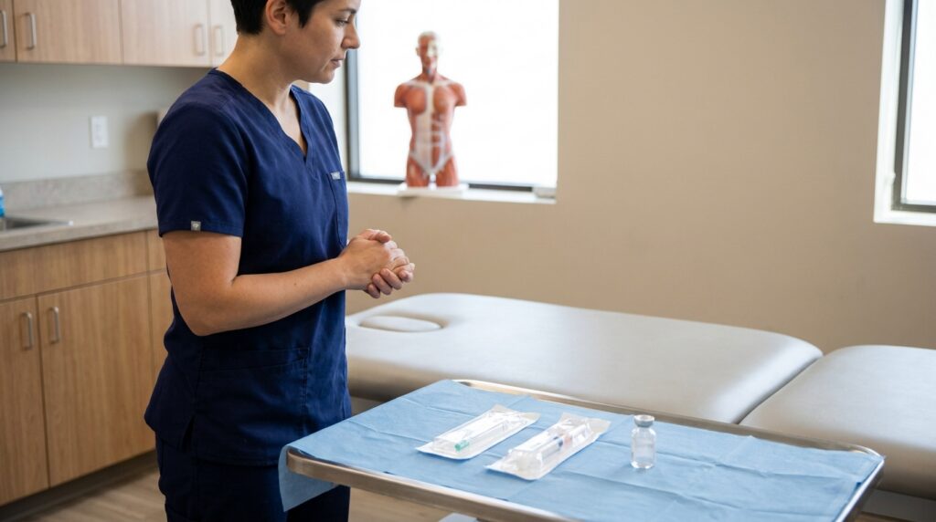 A clinician in professional clinical wear stands beside a padded treatment table in a modern physical therapy or medical treatment room. On a clean, sterile tray, an unopened package containing a very thin, solid filament needle lies next to an unopened package of a hollow hypodermic needle attached to a syringe, with a small, clear medication vial positioned nearby. An anatomical model of a human torso, highlighting muscle groups, is visible on a counter in the background.