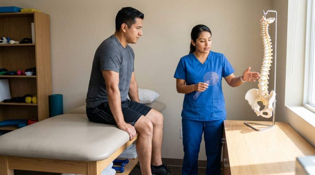 A white or latino patient in athletic shorts and a t-shirt sits on a padded treatment table in a physical therapy evaluation room. A white or latino physical therapist, dressed in clinical wear, gestures towards an anatomical model of a spinal column on a nearby counter. The therapist also holds a goniometer, ready for assessment.