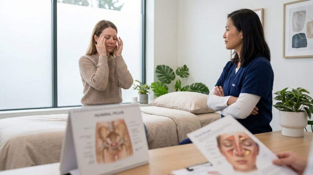 A woman gently presses her fingertips to specific points on her face near the nose and temples. She is seated on an examination table in a modern practitioner's office, while a clinician in professional attire observes. On a nearby desk, a medical chart displays both the female reproductive system and a diagram of the human sinus cavities.