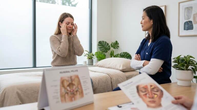 A woman gently presses her fingertips to specific points on her face near the nose and temples. She is seated on an examination table in a modern practitioner's office, while a clinician in professional attire observes. On a nearby desk, a medical chart displays both the female reproductive system and a diagram of the human sinus cavities.